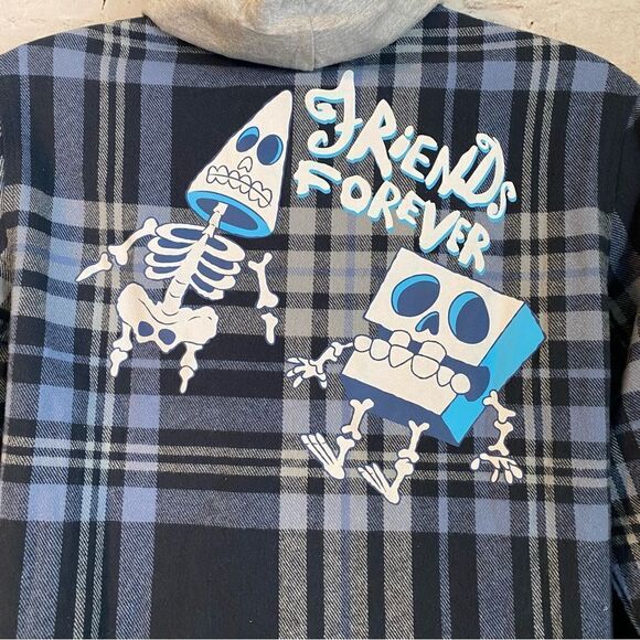 Spongebob Hooded Flannel Button Down Shirt Long Sleeve Friends Forever Medium - Picture 4 of 7